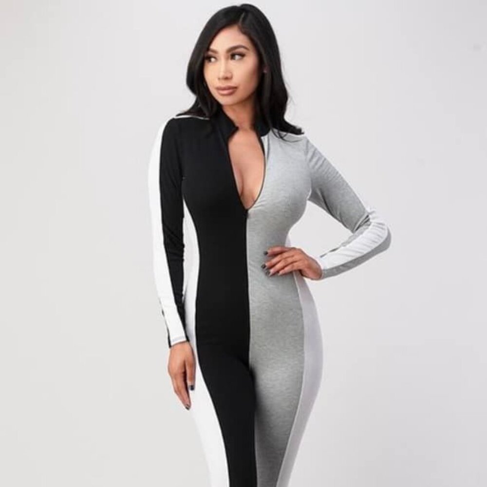 Women’s Colorblock Zip-Front Jumpsuit – Black, Grey & White Long Sleeve One-PC
